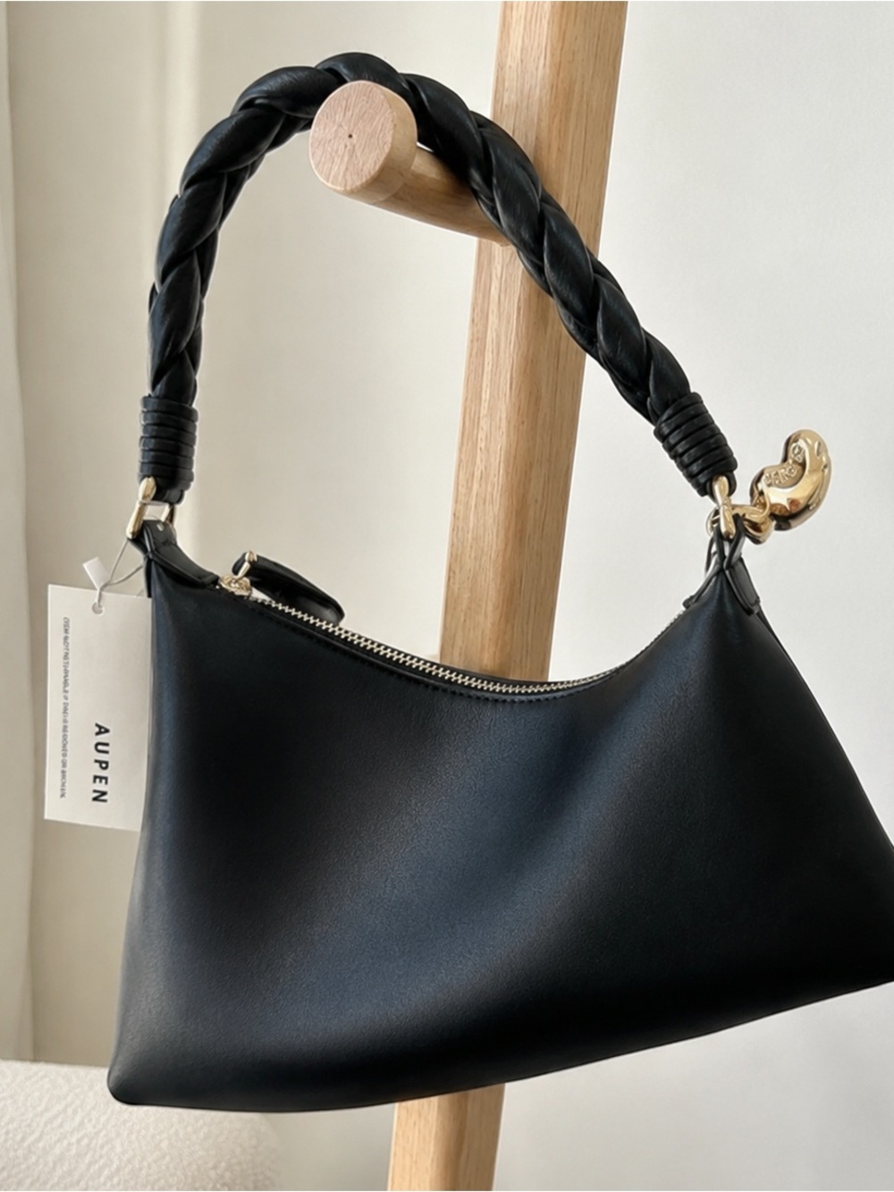AUFEN Black Braided-Handle Shoulder Bag